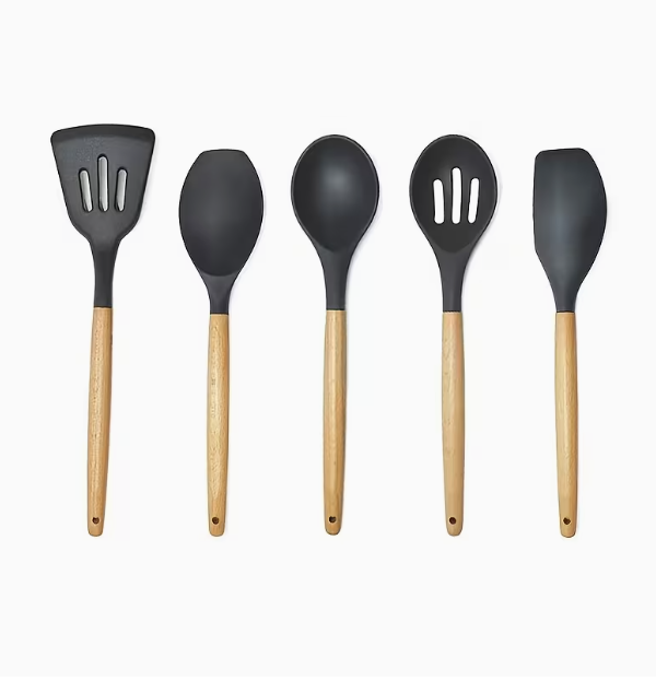 5PCS Non-Stick Silicone Spatula Set with Wooden Handles - Heat Resistant Kitchen Utensils (230°C)