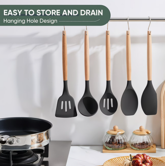 5PCS Non-Stick Silicone Spatula Set with Wooden Handles - Heat Resistant Kitchen Utensils (230°C)