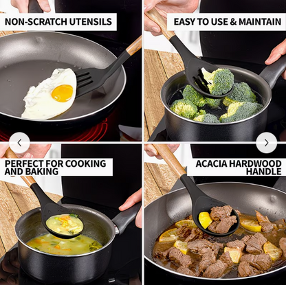 5PCS Non-Stick Silicone Spatula Set with Wooden Handles - Heat Resistant Kitchen Utensils (230°C)