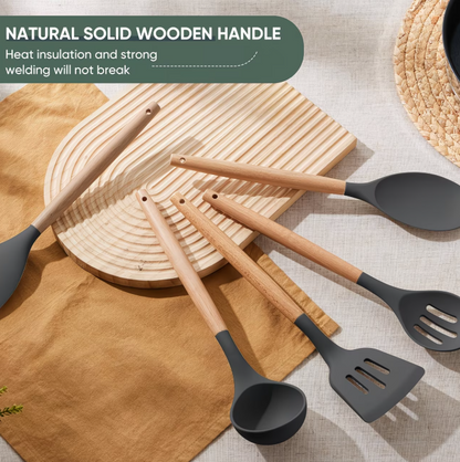 5PCS Non-Stick Silicone Spatula Set with Wooden Handles - Heat Resistant Kitchen Utensils (230°C)