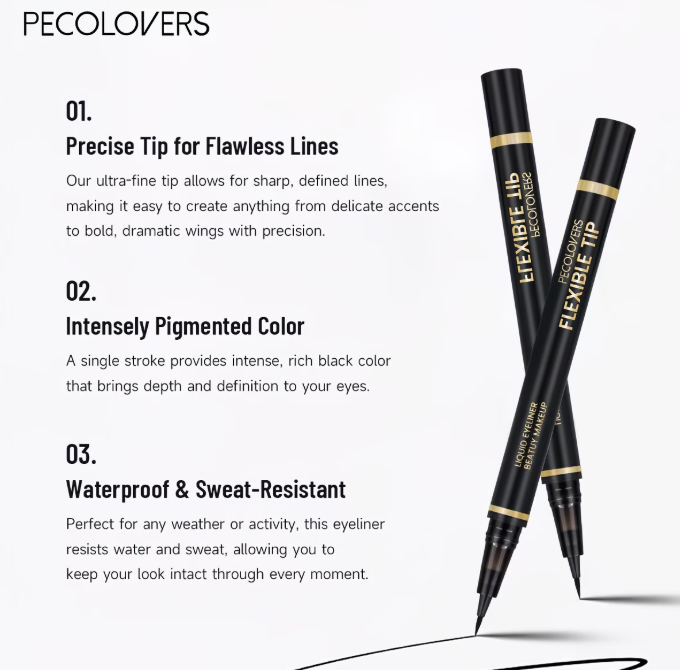 PECOLOVERS Liquid Eyeliner Pen - Waterproof, Long Lasting Black Eyeliner with Flexible Precision
