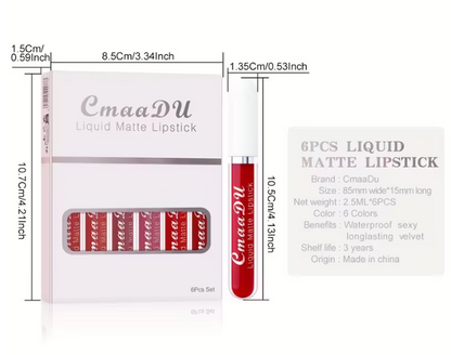 CmaaDU Matte Liquid Lipstick Set (6 Pcs), Long Lasting Waterproof Lip Gloss, Velvet Finish & Red Shades